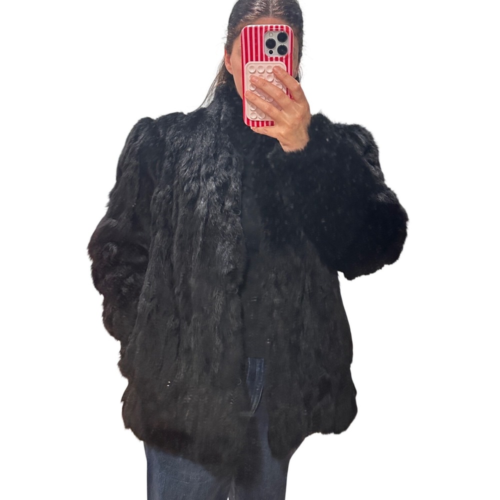 Vintage Black Real Rabbit Fur Coat Made in France Mid Length Jacket
